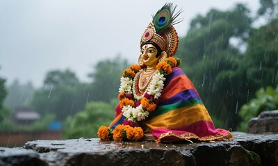 Golden hindu deity statue adorned with flower garlands and peacock feather in the rain