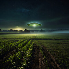 A rural cornfield at night with crop circles glowing faintly and a UFO flying overhead, mist and subtle light effects, mysterious and quiet scene