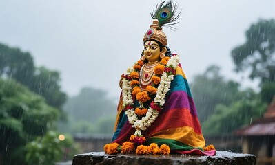 Decorated hindu deity statue with peacock feather and flower garlands in the rain