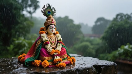 Ornate hindu deity statue adorned with flowers and peacock feather in gentle rain
