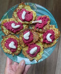 zucchini pancakes with sour cream and beetroot puree, beetroot food, sweet, dessert, cake, chocolate, heart, cookie, cookies, snack, candy, love, sugar, pink, biscuit