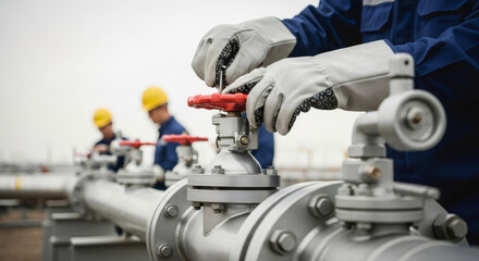 Man in blue uniform and safety gloves turning red valve on gas pipeline. Maintenance of energy infrastructure. Industrial gas industry.