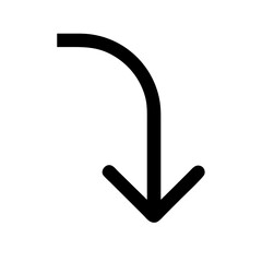 Minimalist black outline vector icon of a curved down arrow, symbolizing direction. Clean design on a transparent background