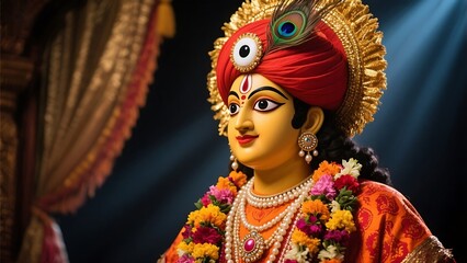 Beautiful statue of lord krishna adorned with a peacock feather and flower garland