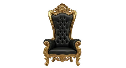 Regal throne featuring ornate golden detailing and sumptuous black leather against a clean backdrop, exuding luxury and power, transparent background