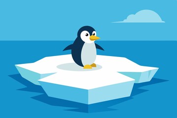 Perched on a small ice floe drifting through the frigid waters, a young penguin stares into the vast Arctic horizon.