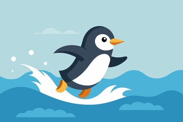 Naklejka premium As the waves crash behind it, a determined penguin runs joyfully out of the ocean, wings spread wide and ready for adventure.