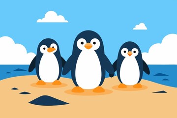 Three penguin friends confidently march out of the ocean, each with their own personality and flair. They’re not just out for a swim—they’re on a mission.