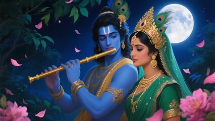 Lord krishna plays flute for radha under a full moon with pink petals falling