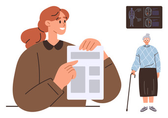 Female doctor holding clipboard while explaining health information to elderly patient. Ideal for healthcare, elderly care, patient-doctor communication, medical consultation, rehabilitation, senior