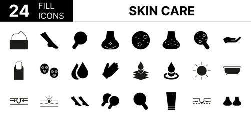 Collection of 24 skin care fill icons featuring editable strokes. These outline icons depict various modes of skin care skincare icon, vector, skin, cosmetic, pore, acne, 
