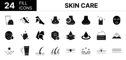 Collection of 24 skin care fill icons featuring editable strokes. These outline icons depict various modes of skin care skincare icon, vector, skin, cosmetic, pore, acne, 