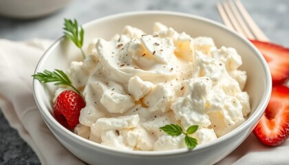 Creamy cottage cheese in a white bowl, healthy breakfast, dairy, protein