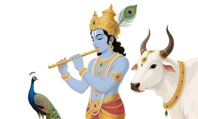 Lord krishna playing the flute with a peacock and a cow nearby