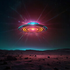 An abstract glowing UFO beaming colorful light patterns onto a dark lunar surface, creating strange symbols and shapes, sci-fi surrealism
