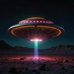 An abstract glowing UFO beaming colorful light patterns onto a dark lunar surface, creating strange symbols and shapes, sci-fi surrealism