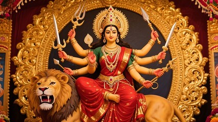 Goddess durga seated majestically on her lion vahana holding weapons