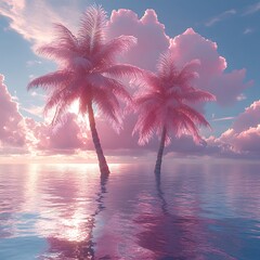 Serene tropical paradise scene with pink palm trees reflecting in tranquil water under a dreamy sky