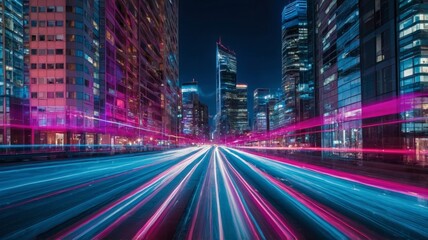 Fototapeta premium City Skyline at Night Showcases Vibrant Lights and Fast-Moving Traffic in a Modern Urban Landscape