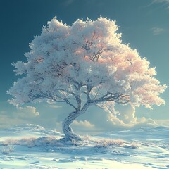 Serene winter landscape photo featuring a majestic tree with white blossoms in a snowy environment