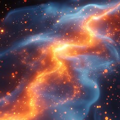 Stunning digital photo depicting a glowing cosmic nebula of swirling orange and blue colors with sparkling particles.