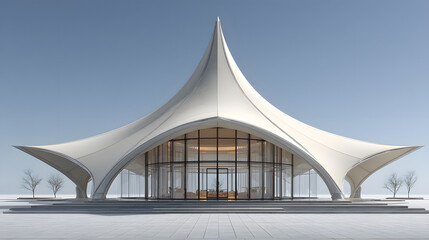 White tensile structure building with glass facade