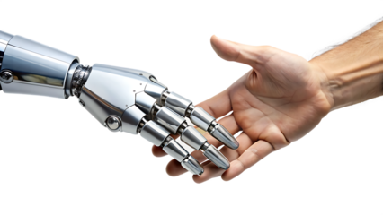 Robotic hand and human hand touching in partnership and collaboration A I Generated isolated on a transparent background