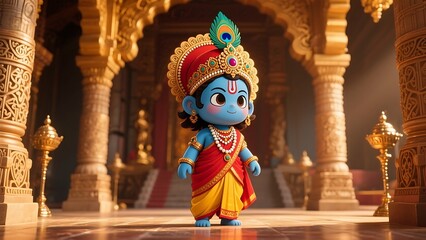 Cute cartoon baby krishna in ornate temple with peacock feather crown