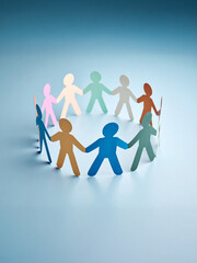 A colorful chain of diverse paper cut-out figures holding hands in a circle on a blue background. Symbolizes unity, teamwork, community, diversity, global connection, and support.