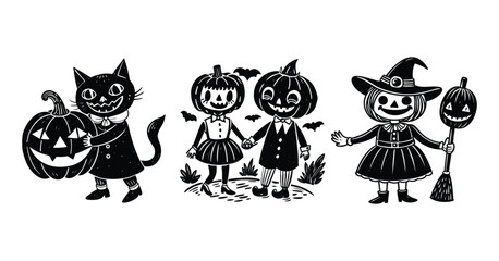 Cute black cat sitting on carved Halloween pumpkin, flat vector illustration.

