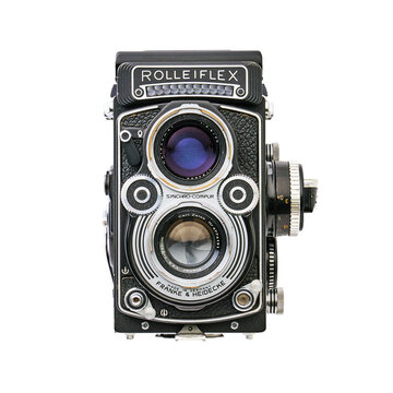 Vintage Rolleiflex medium format twin lens reflex camera made by the German company Franke & Heidecke, isolated front view