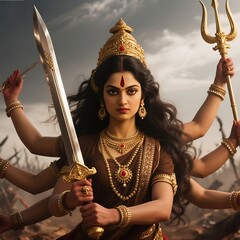 Powerful hindu goddess durga holds sword and trident in fierce battle pose