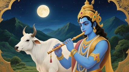 Lord krishna plays his flute under a full moon with a white cow