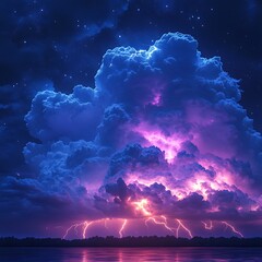 Stunning photo of a dramatic thunderstorm over a lake featuring lightning strikes and starry night sky