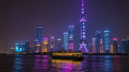 Obraz premium Nighttime Skyline of Shanghai With Illuminated Buildings and a Boat Cruising Along the River Showcasing Urban Vibrancy and Modern Architecture