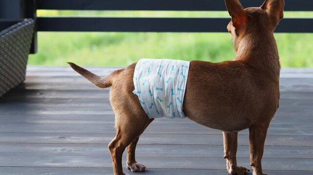 A brown little dog in a diaper. A pet pees at home. Teach your dog to go to the toilet outside. The dog's diaper is large. The puppy marks the corners. Lots of dogs in the house