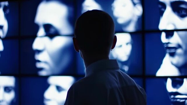 Person engaged with digital wall displaying multiple face profiles in modern hightech environment