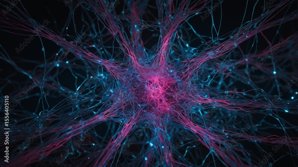 Poster neural network simulation showcasing vibrant connections and intricate structures in a digital repre