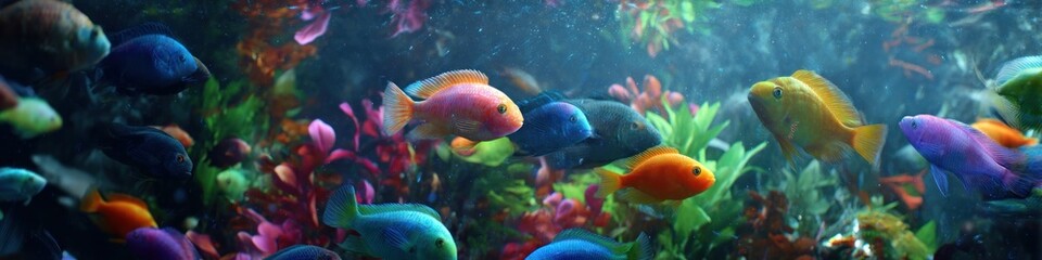 Naklejka premium A vibrant aquarium filled with colorful fish and lush aquatic plants and decorations