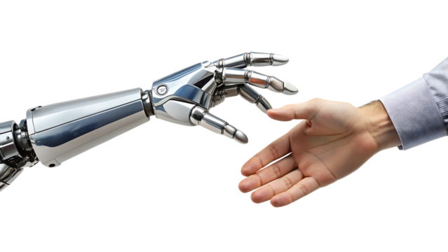 Shiny metallic robot hand reaching towards human hand and fingers on black background isolated on a transparent background