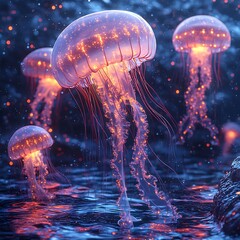 Stunning photo of glowing jellyfish swimming gracefully in the mysterious depths of the ocean