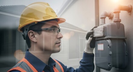Young gas meter reader man in hard hat inspecting pipeline system. Industry worker performing maintenance and safety check.