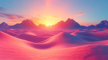 Stunning sunset over vibrant pink desert landscape with majestic mountains and warm glowing sunlight photo