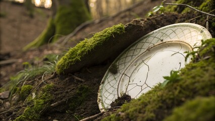 Cracked ceramic plate half-buried in soil — moss creeping onto surface