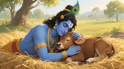 Lord krishna tenderly embraces a calf in a peaceful meadow setting