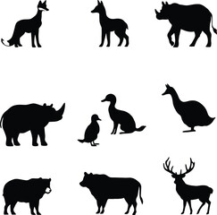 black and white animal silhouette set — 9 wildlife icons in grid layout featuring fox, rhino, dog, bear, deer, and more