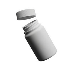 White plastic pill bottle with an open lid against a transparent background provides clean and modern presentation