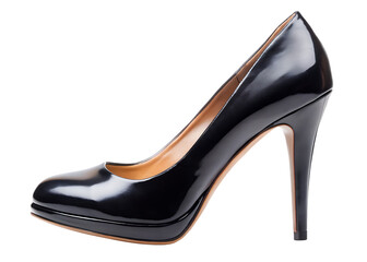 Elegant black patent leather stiletto heel shoe isolated on a transparent background high heel pump, PNG