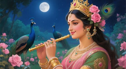 Beautiful indian woman playing flute surrounded by peacocks and roses under moonlight