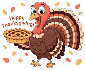 Cute Cartoon Turkey Holding a Thanksgiving Pie with Happy Thanksgiving Greeting turkey holding pie autumn leaves and happy thanksgiving text turkey thanksgiving pie